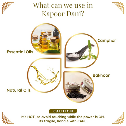 Promotional image of Kapoor Dani with essential oils, camphor, bakhoor, and natural oils displayed.