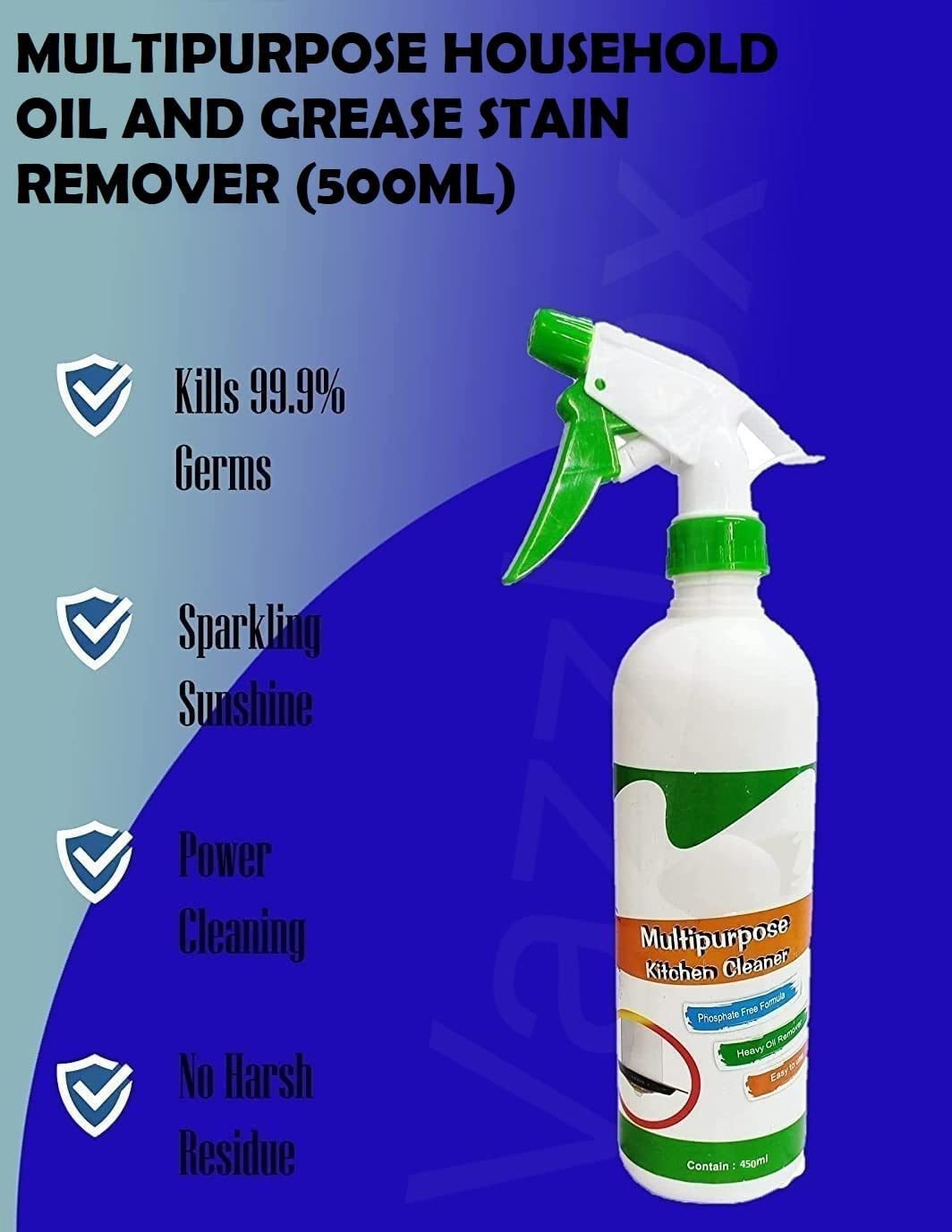 Multipurpose household oil and grease stain remover spray bottle with product details on a blue background