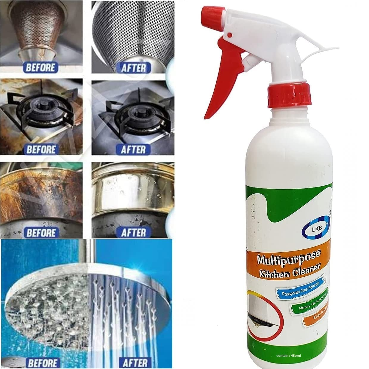 Multipurpose kitchen cleaner bottle with before and after cleaning results on various surfaces.