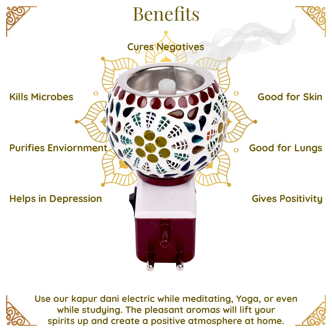 Decorative oil diffuser with benefits listed around it on a white background