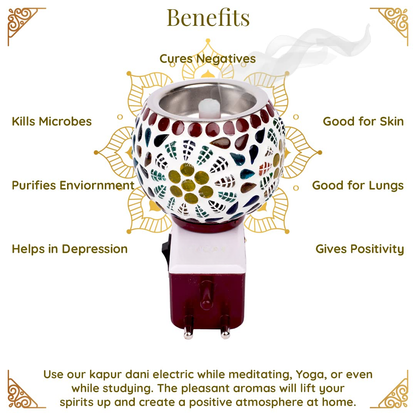 Decorative oil diffuser with benefits listed around it on a white background