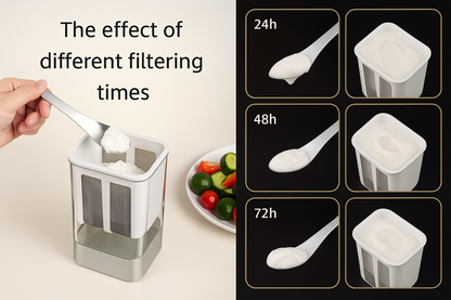 Effect of different filtering times shown with a container and spoon on a light background.