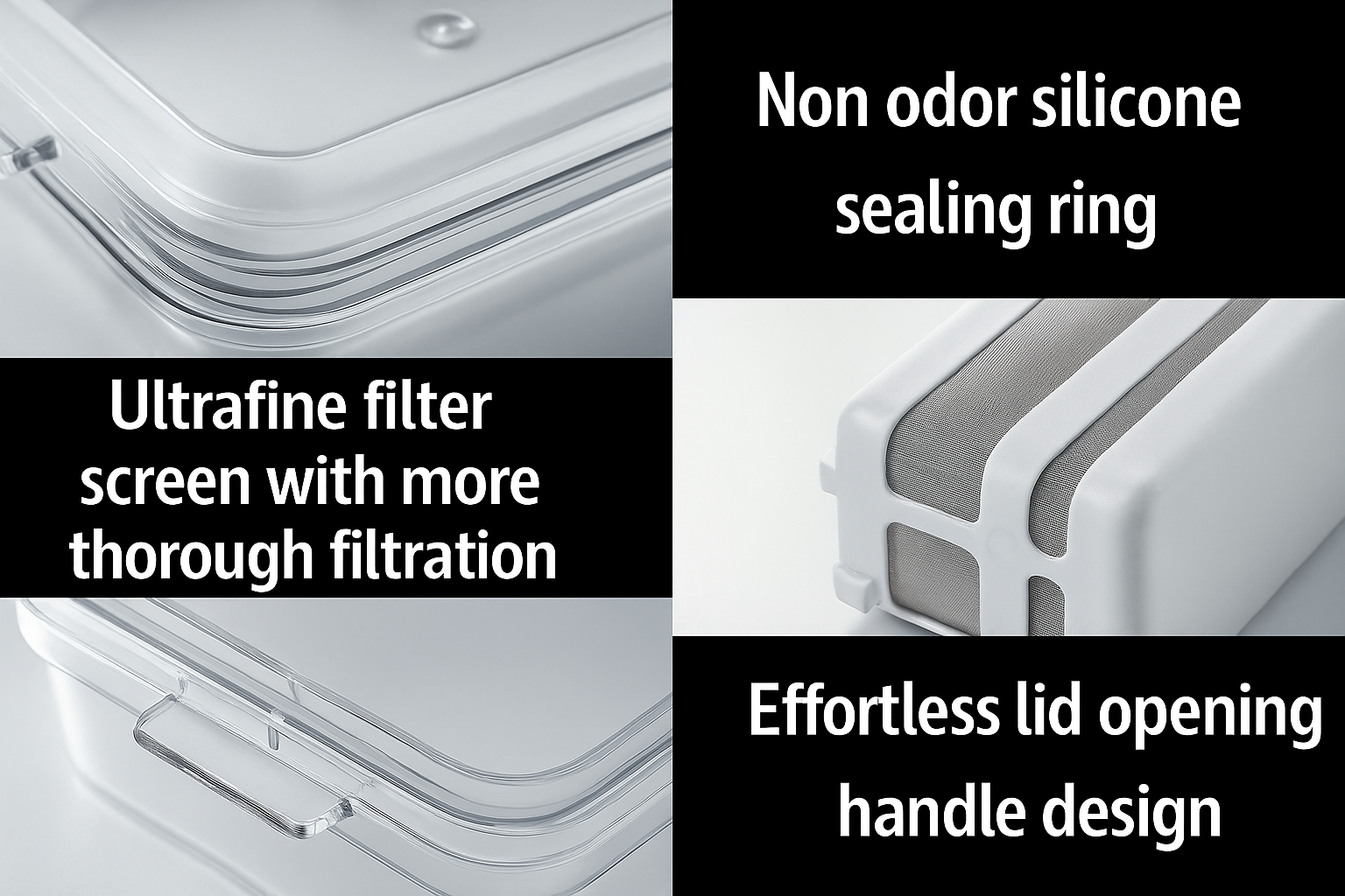 Product features with text highlighting non-odor silicone sealing ring, ultrafine filter screen, and effortless lid opening handle design.