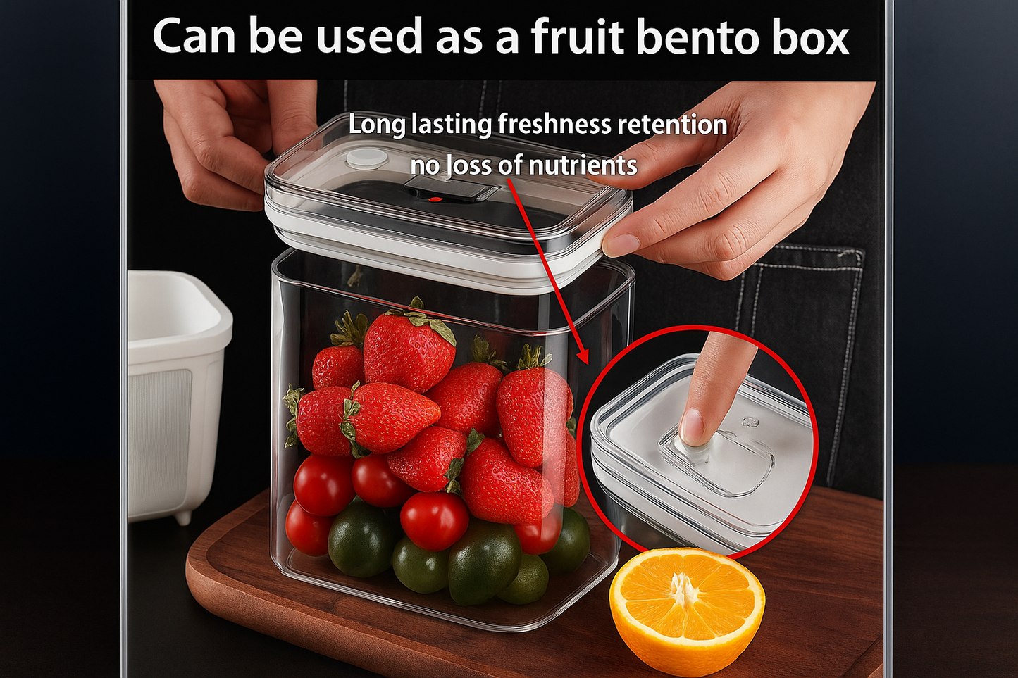Fruit bento box with strawberries and tomatoes, showing long-lasting freshness retention.