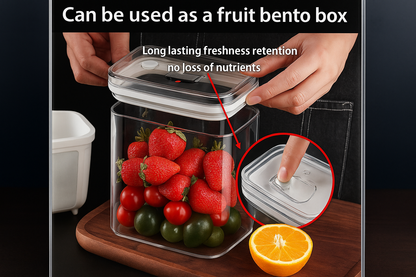 Fruit bento box with strawberries and tomatoes, showing long-lasting freshness retention.