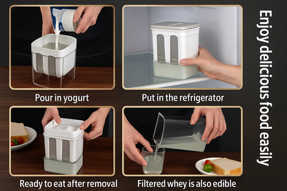 Step-by-step instructions on using a yogurt filter with images of hands pouring, placing, and removing the filter.