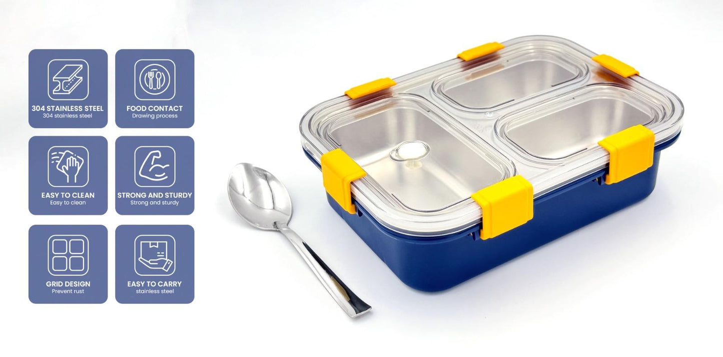 Stainless steel lunch box with yellow accents and a spoon on a white background