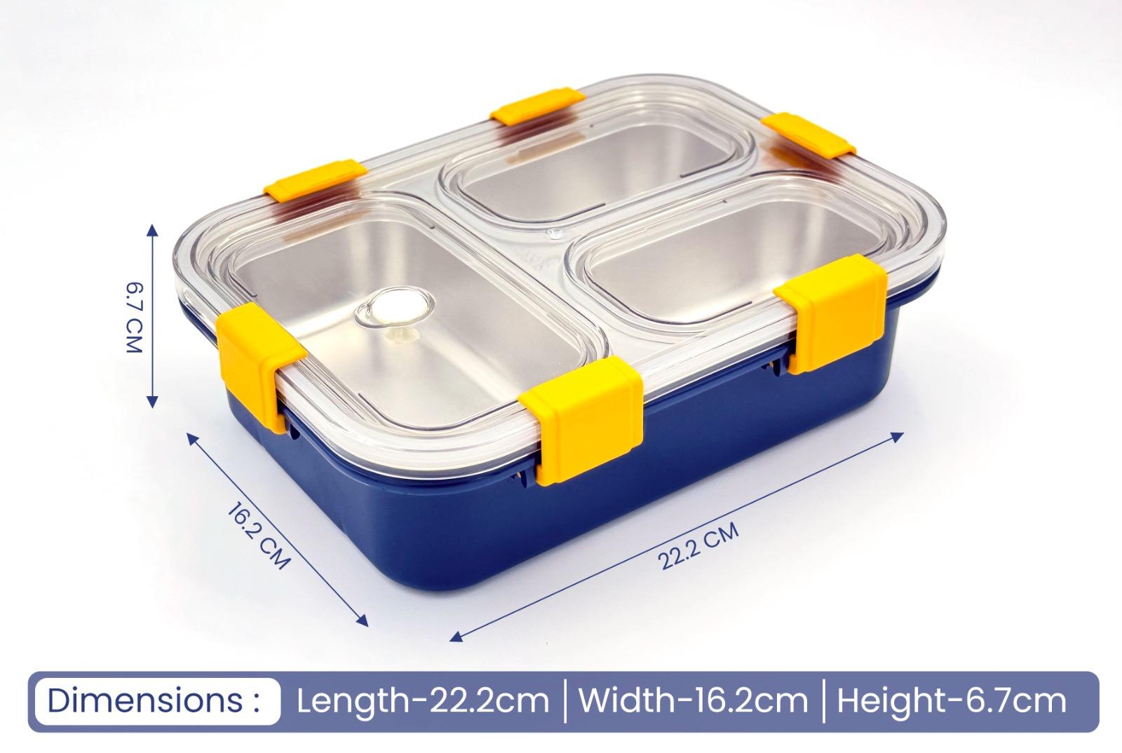 Stainless steel lunch box with yellow straps and dimensions displayed
