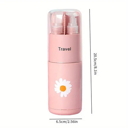 Pink travel-sized bottle with a daisy design and measurement details on a white background