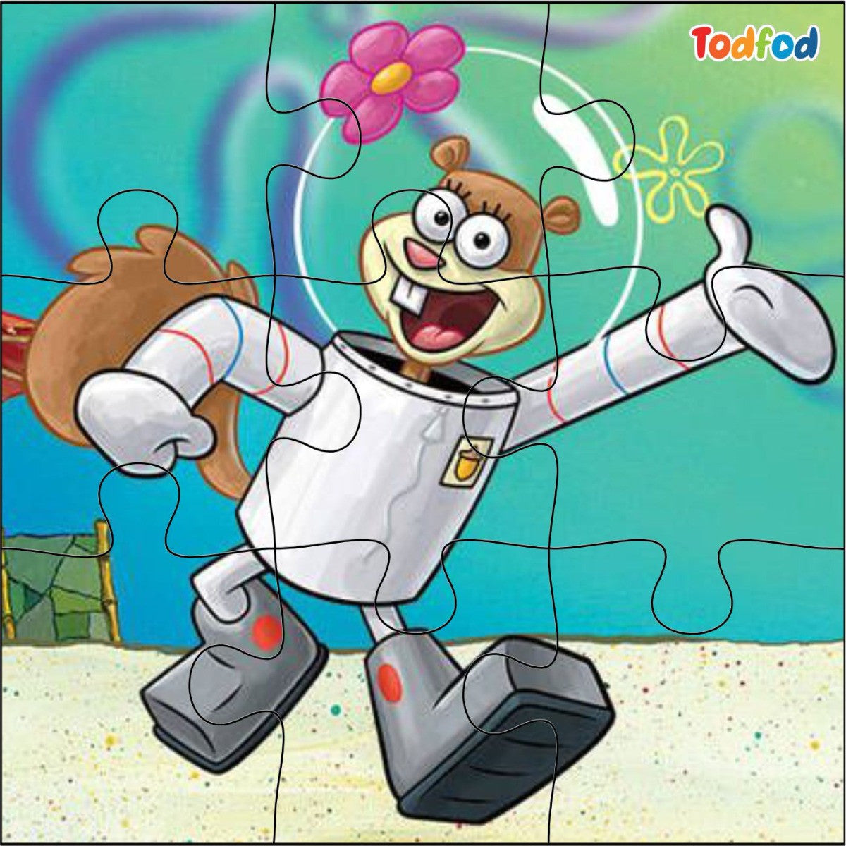 Cartoon character in a robot costume with a flower in the background, featuring the brand 'Todfod'.