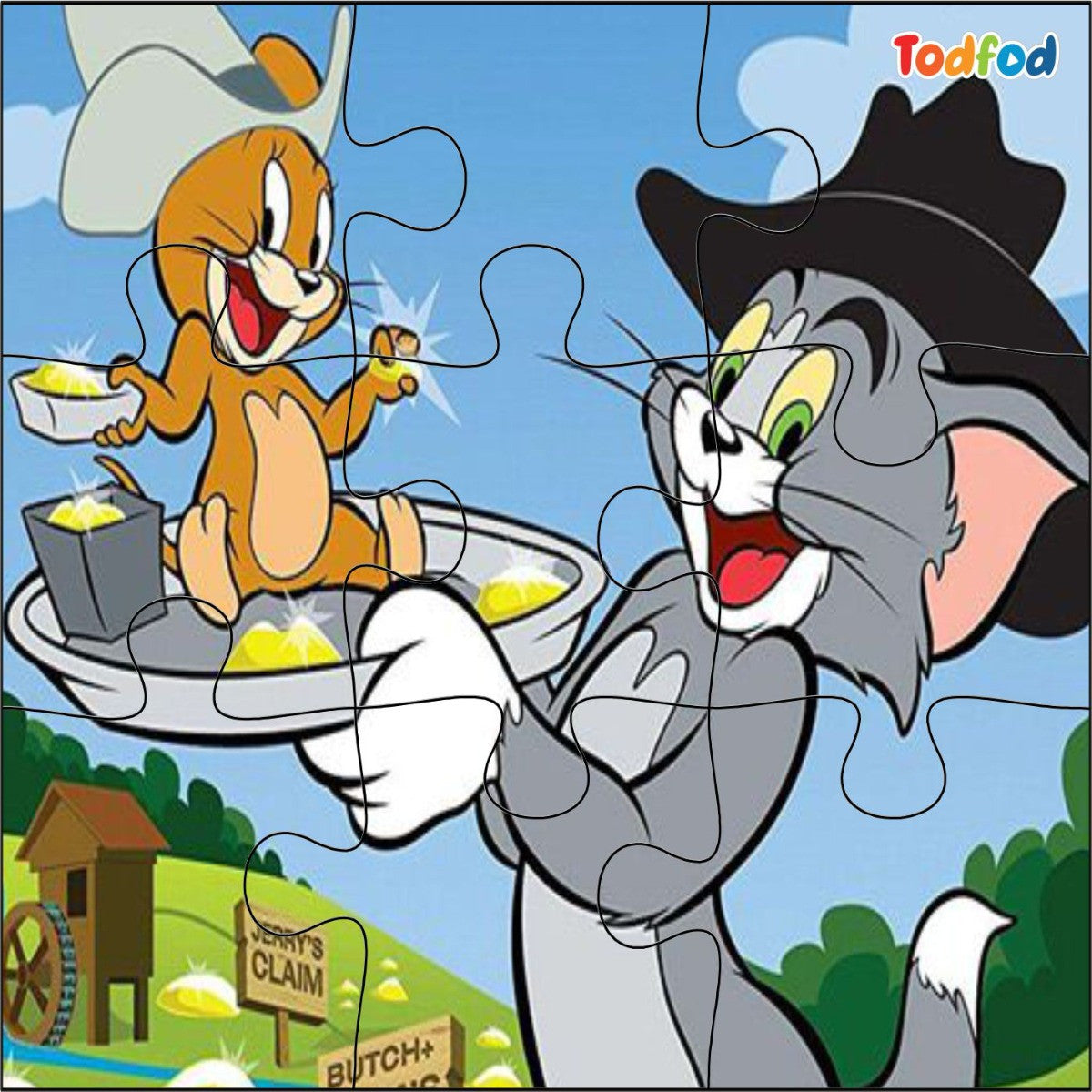 Cartoon characters Tom and Jerry from a puzzle with a blue sky background.