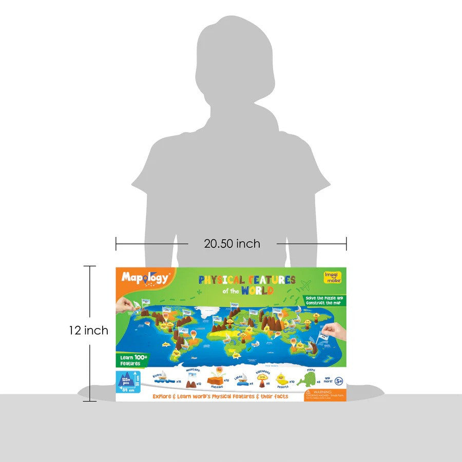 Maptology Physical Features of the World puzzle box with dimensions and a child's silhouette for scale.