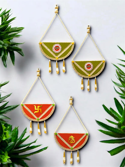 Smaran Half-Moon Shubh Labh Toran with Beads – Handmade Traditional Decorative Hanging with Green & Gold Accents for Main Door, Wall, Pooja Room, Mandir, Festivals, Weddings