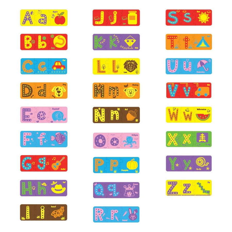 Colorful alphabet stickers with letters and illustrations on a white background