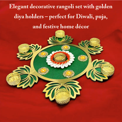 Decorative rangoli with golden diya holders on a red background