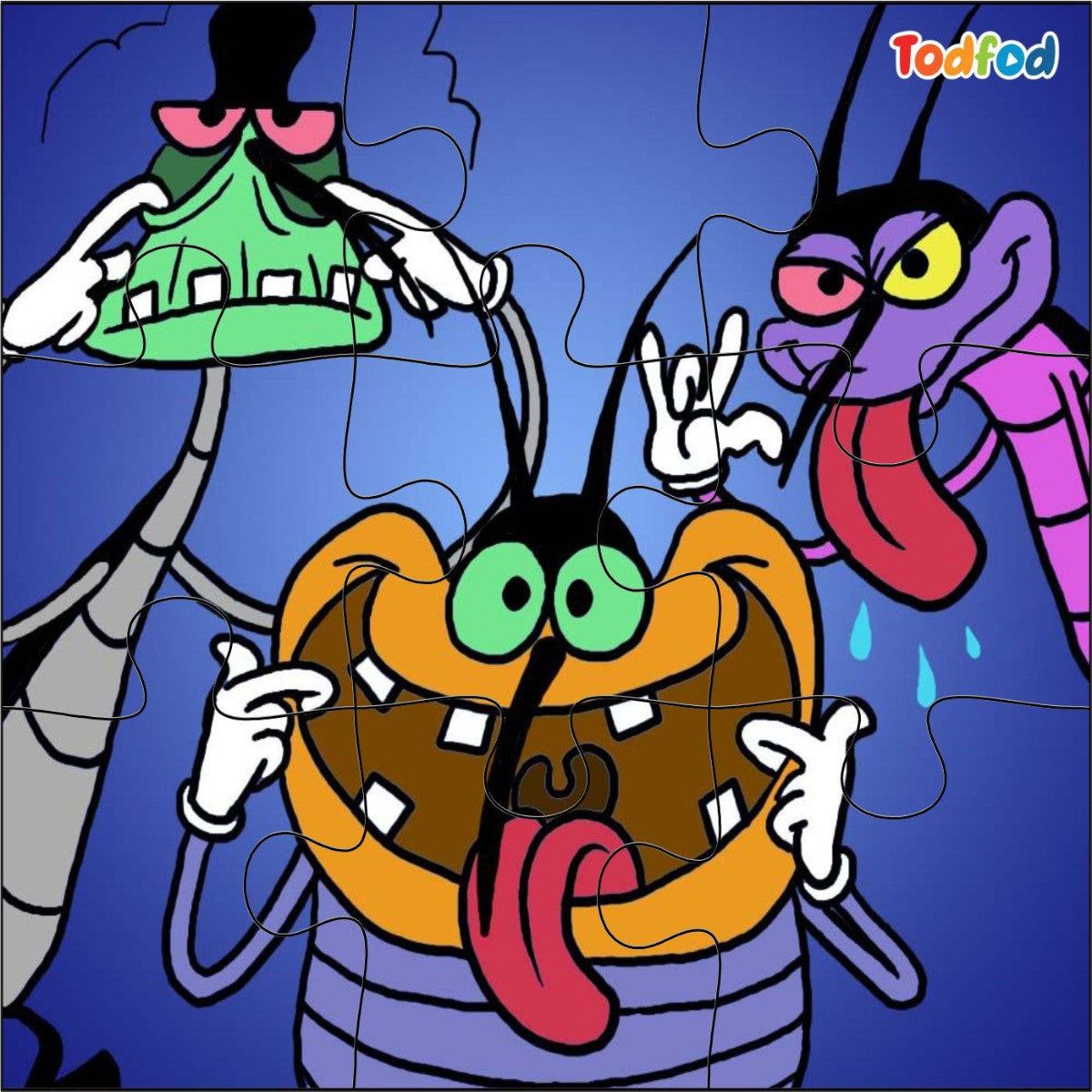Cartoon character with a blue background, featuring a brand logo.
