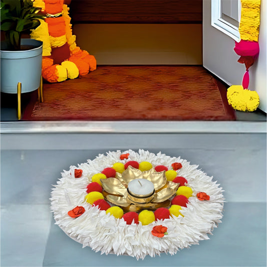 Smaran Handcrafted Lotus Rangoli Set with Cowrie Shell Diya – Traditional Festive Floor Decor for Diwali, Weddings & Pooja Ceremonies (Gajra Pompom Decorative Rangoli Set)