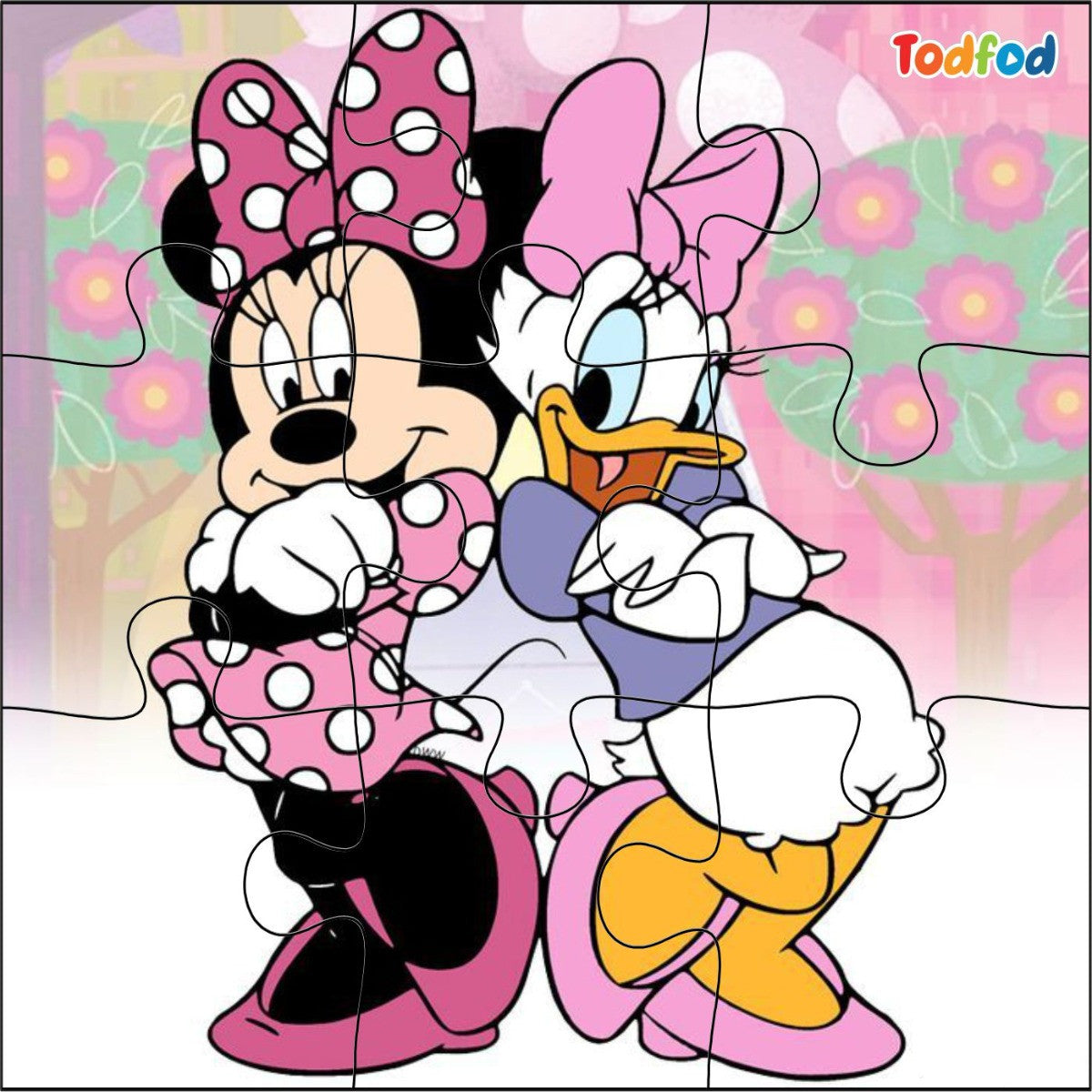 Two animated characters, one resembling Minnie Mouse and the other a duck, standing next to each other with a colorful background.