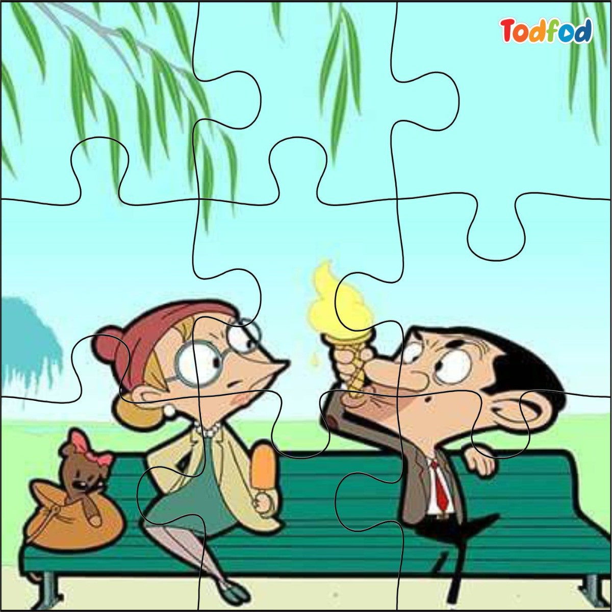 Cartoon characters on a bench with a puzzle layout