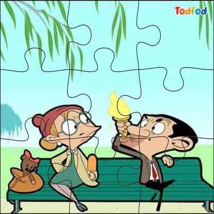 Cartoon characters on a bench with a puzzle layout