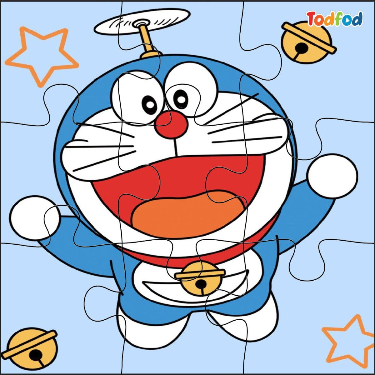 Cartoon character with a blue hat and red nose on a light blue background with stars and a bell.