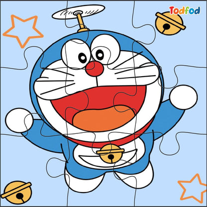 Cartoon character with a blue hat and red nose on a light blue background with stars and a bell.