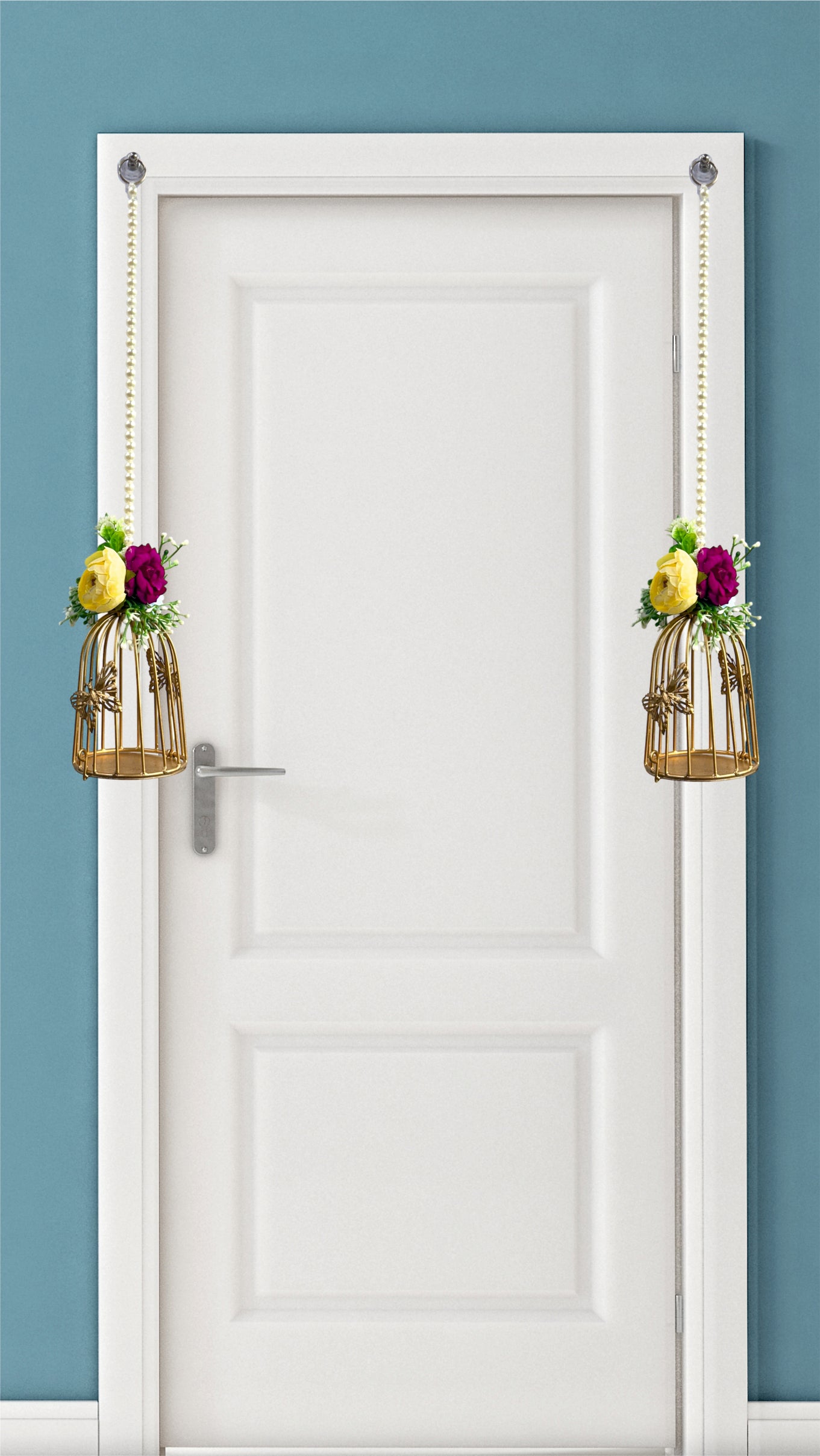 Smaran Cultural Hanging Cage Latkan Pair with Tealight Holders – Handmade Traditional Decorative Hanging with Beads & Embellishments for Home, Main Door, Pooja Room, Mandir