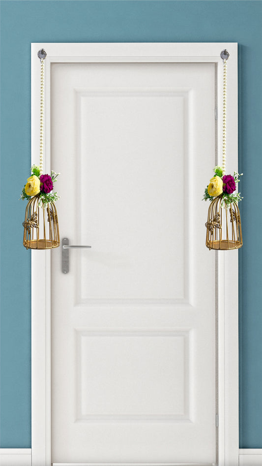 Smaran Cultural Hanging Cage Latkan Pair with Tealight Holders – Handmade Traditional Decorative Hanging with Beads & Embellishments for Home, Main Door, Pooja Room, Mandir