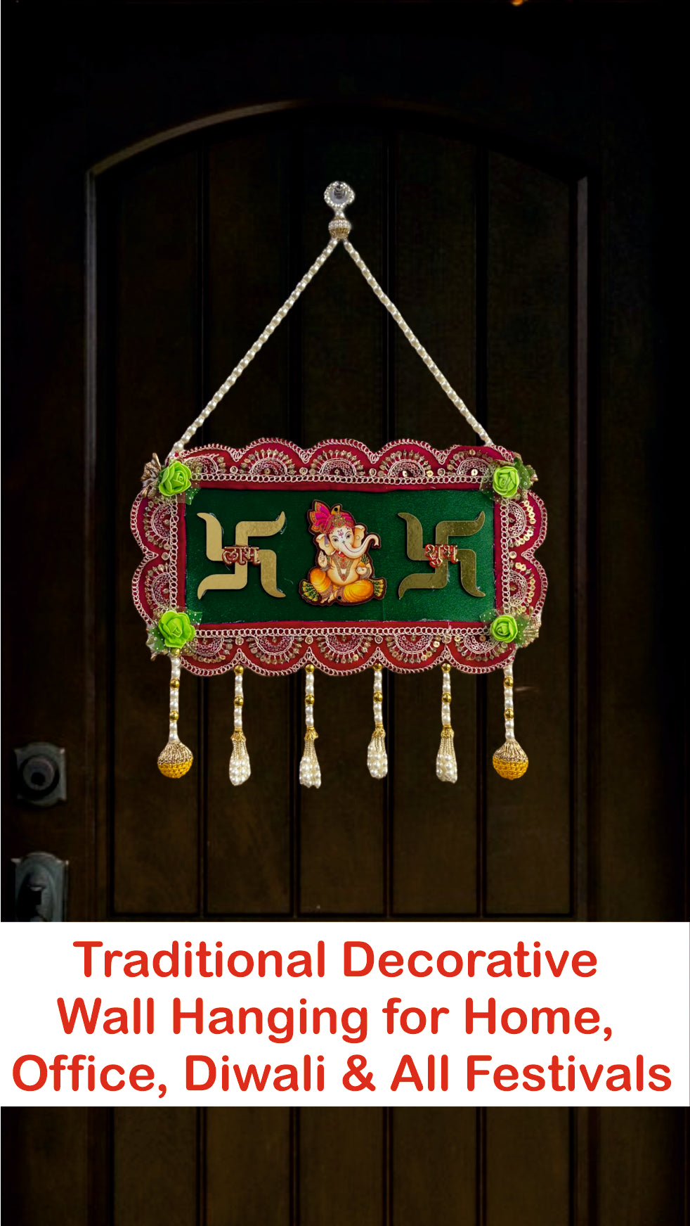 Smaran Cultural Ganesh Swastik Latkan – Handmade Traditional Decorative Hanging with Beads & Embellishments for Main Door, Wall, Pooja Room, Mandir, Festivals, Weddings