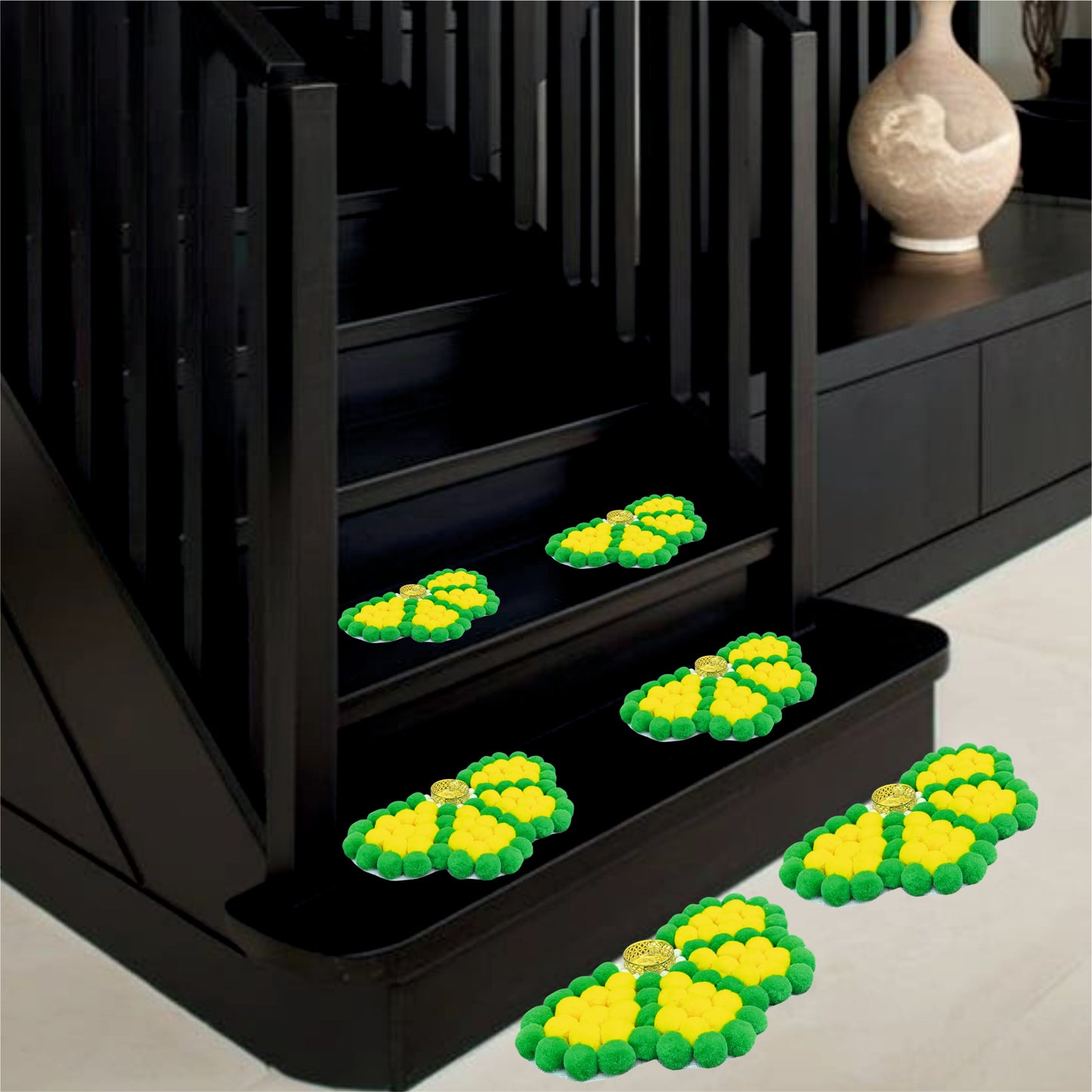 Smaran Traditional Flower Staircase Rangoli with Tealight Holder Set – Handmade Decorative Floor Art with Beads & Embellishments for Home, Main Entrance, Pooja Room, Mandir