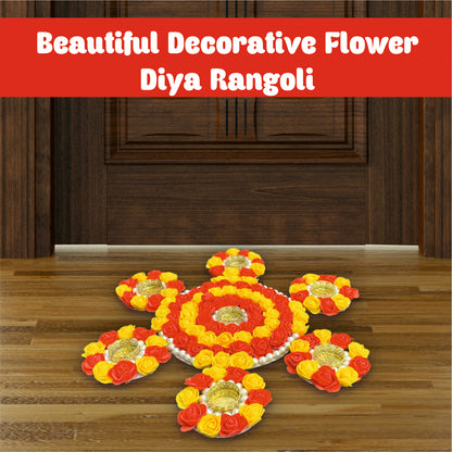 Decorative flower diya rangoli on a wooden floor with a red banner at the top.
