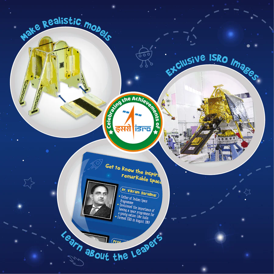Promotional graphic for ISRO with space-themed design, models, and images.