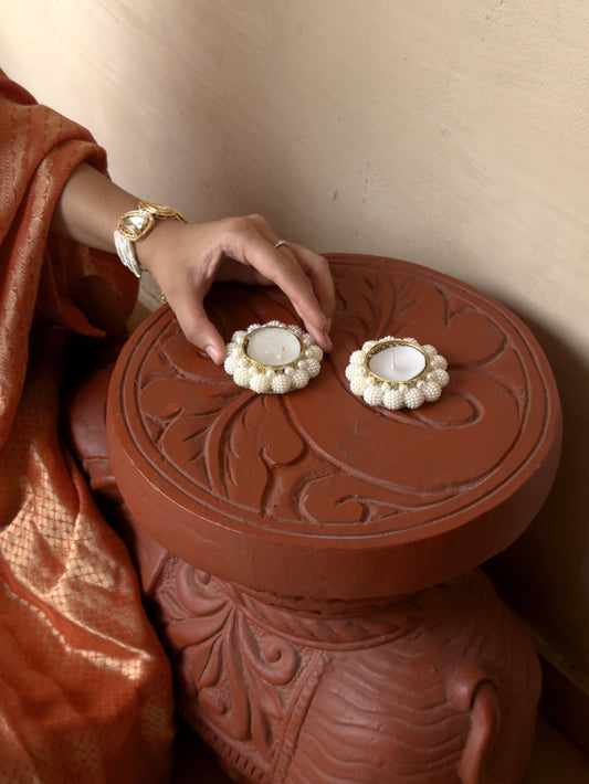 Smaran Large Pearl Tealight Holder Pair – Handmade Elegant Candle Holder Set of 2 for Festivals, Weddings, Pooja Room & Home Décor, Traditional Indian Decorative Tealight Candle Set
