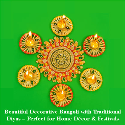 Decorative rangoli with traditional diyas on a green background