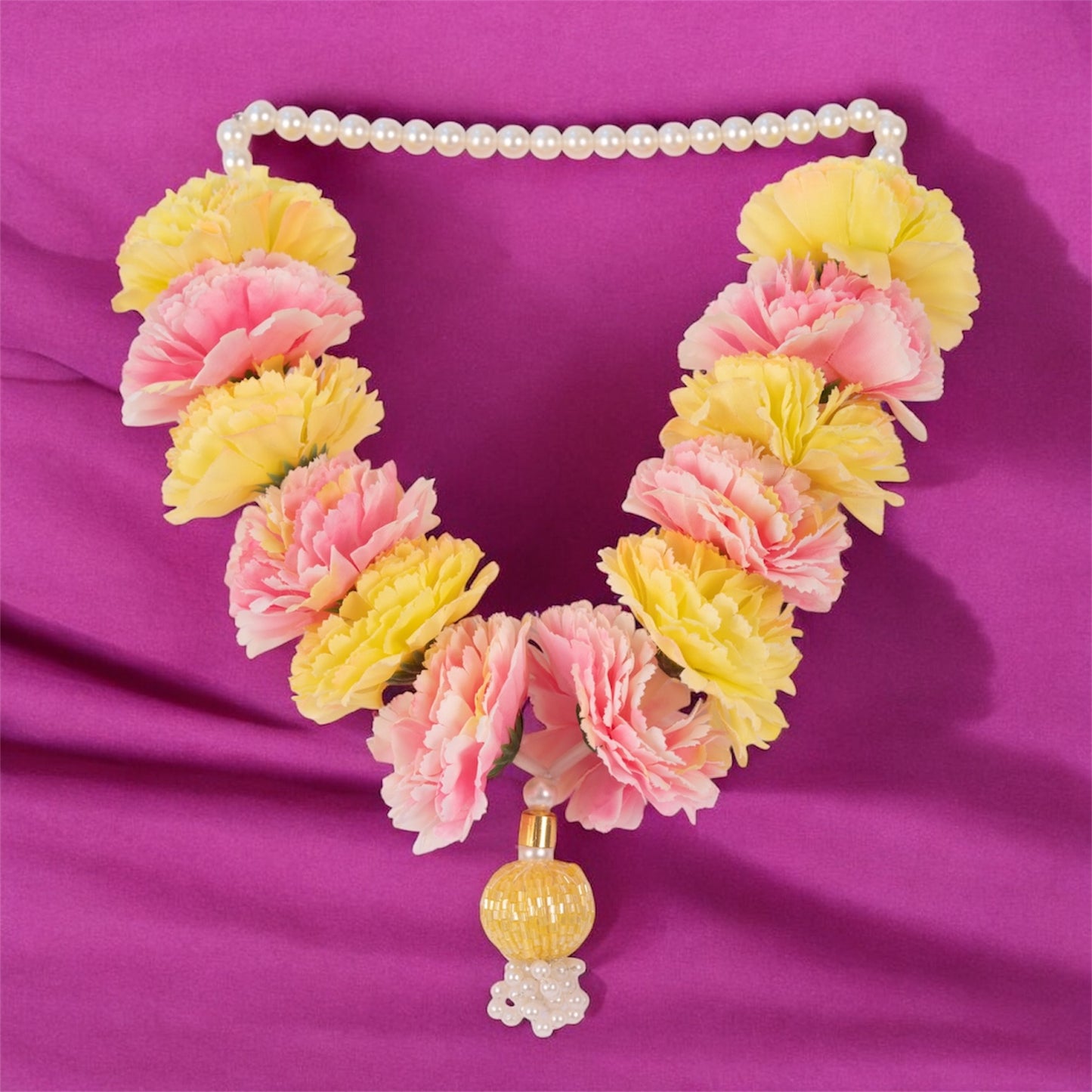 Smaran Small Size Decorative Garland – Yellow & Pink Flowers for Murti and Temple Decor