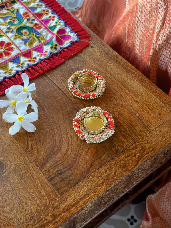 Smaran Red Gota Patti Lace Tealight Holder Set of 2 – Handmade Decorative Candle Holder Pair with Traditional Gota Patti Embellishments for Diwali, Navratri, Weddings, Pooja Room