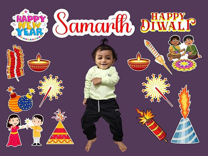 Child in a white sweater and black pants surrounded by Diwali-themed illustrations on a purple background.