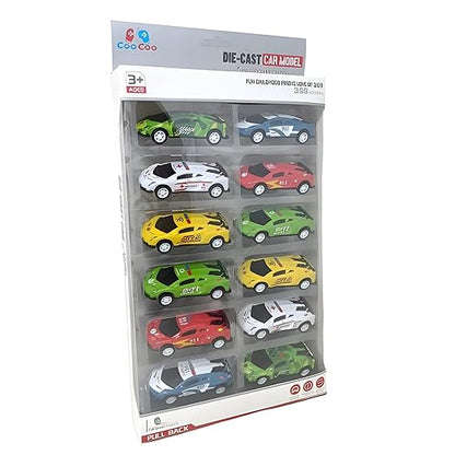 Packaged set of die-cast car models with various colors and designs.
