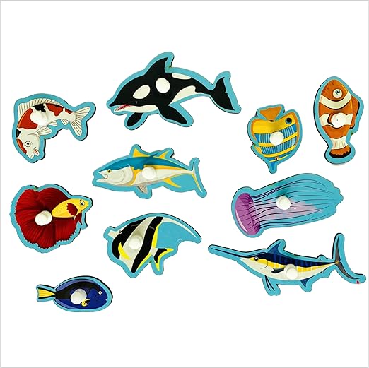 Set of colorful ocean-themed refrigerator magnets on a white background