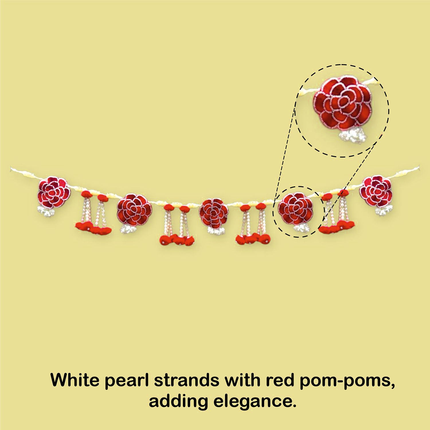 Decorative garland with red pom-poms and white pearl strands on a green background