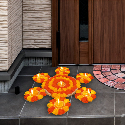 Smaran Handcrafted Red & Yellow Lotus Rangoli Set with Cowrie Shell Diya – Traditional Festive Floor Decor for Diwali, Weddings & Pooja Ceremonies (Red & Yellow Rose Rangoli Set)