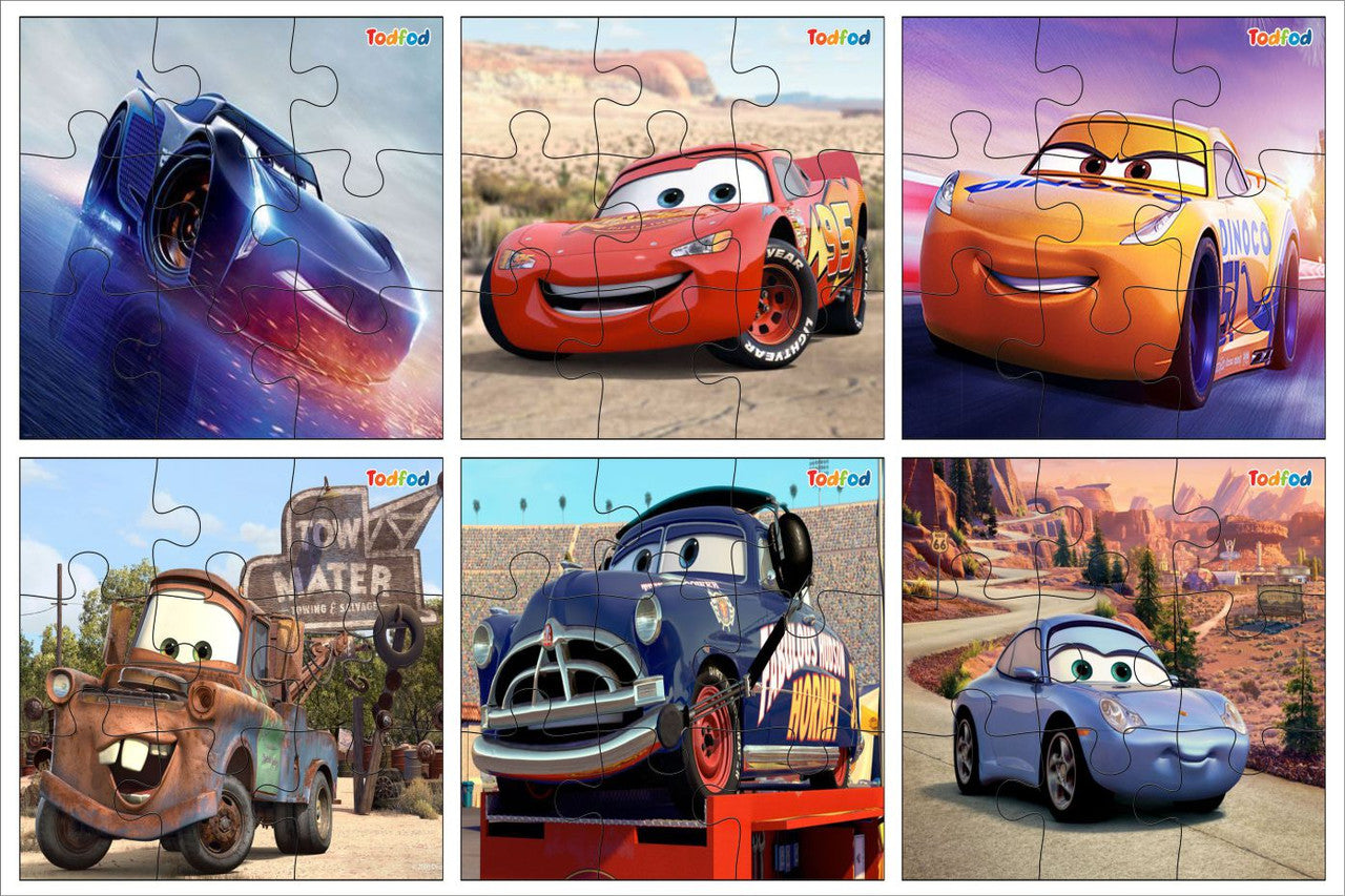 Set of six Disney Cars puzzles featuring different characters and scenes.