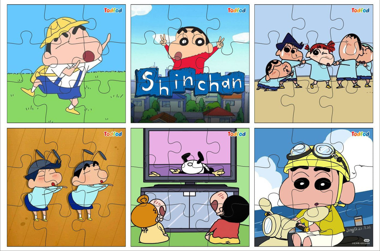 Set of six cartoon puzzles featuring characters from the 'Shinchan' series.