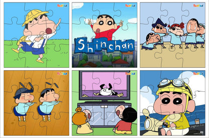 Set of six cartoon puzzles featuring characters from the 'Shinchan' series.