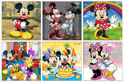 Set of six Disney character puzzles featuring Mickey, Minnie, and other friends.