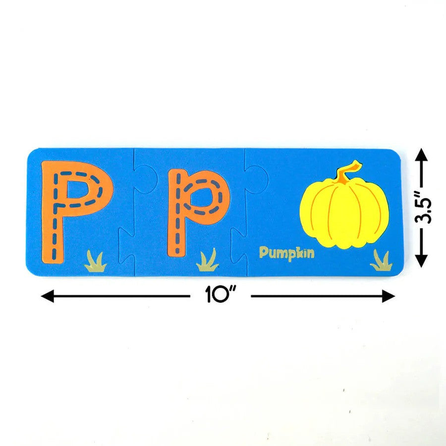 Letter 'P' puzzle piece with a pumpkin illustration on a blue background