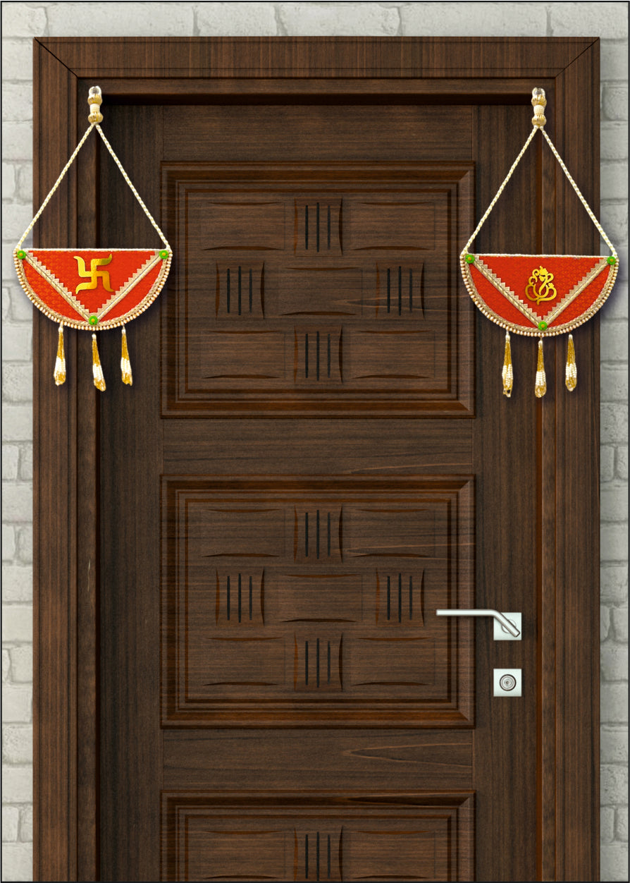 Smaran Half-Moon Shubh Labh Toran with Beads – Handmade Traditional Decorative Hanging with Green & Gold Accents for Main Door, Wall, Pooja Room, Mandir, Festivals, Weddings