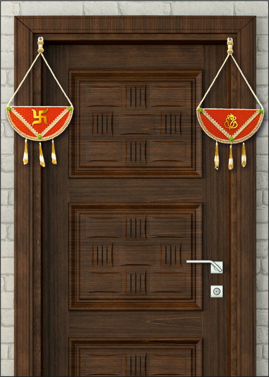 Smaran Half-Moon Shubh Labh Toran with Beads – Handmade Traditional Decorative Hanging with Green & Gold Accents for Main Door, Wall, Pooja Room, Mandir, Festivals, Weddings