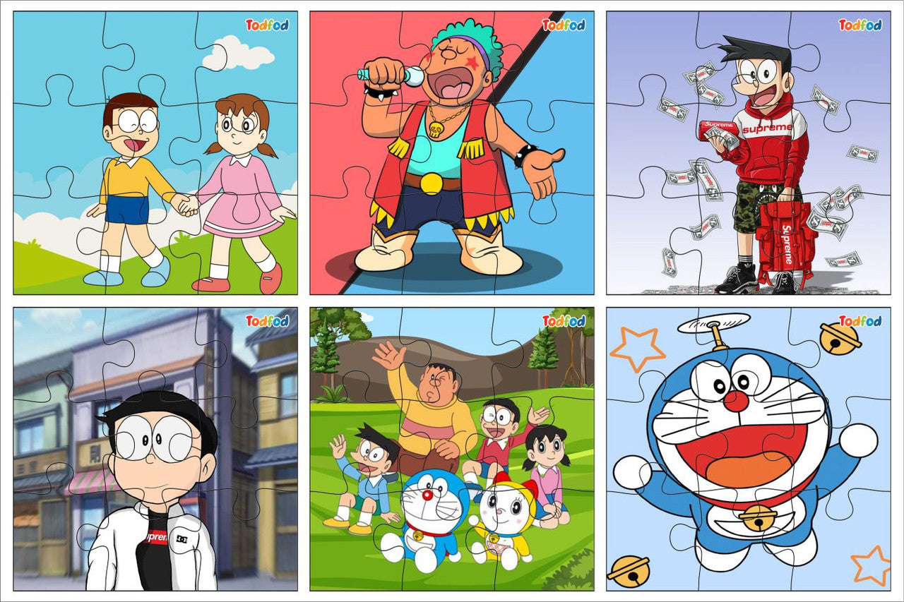 Set of six cartoon character puzzles with colorful backgrounds