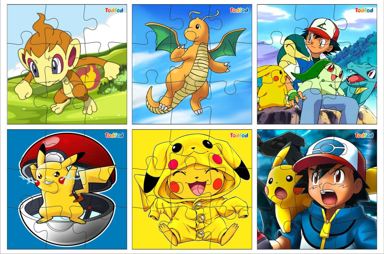 Set of six colorful children's puzzles featuring popular cartoon characters.